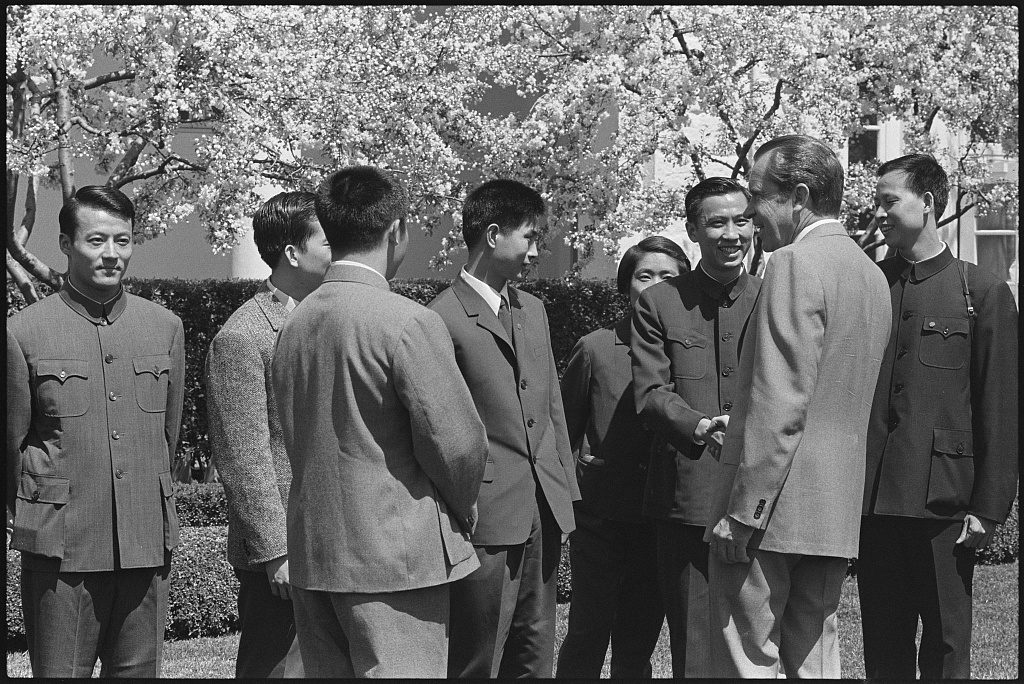 American President Richard Nixon meetings with the Chinese table tennis team, part of what came to be called ping pong diplomacy