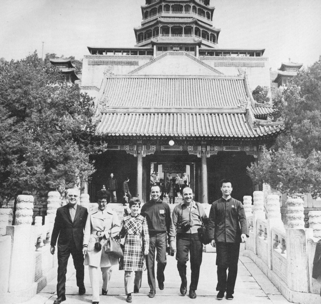 The American table tennis team poses in front of the Forbidden City in Beijing, during their visit to China in 1971