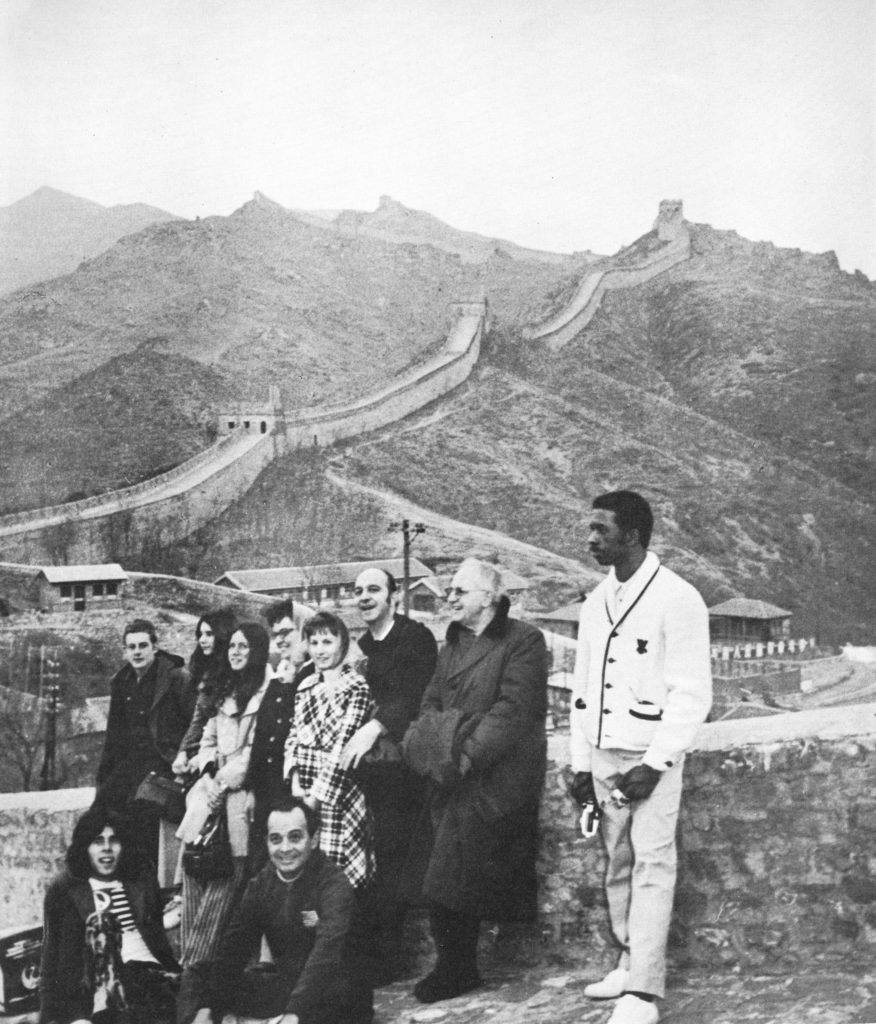 The American table tennis team poses in front of the Great Wall of China, 1971, carrying out what would be called ping pong diplomacy