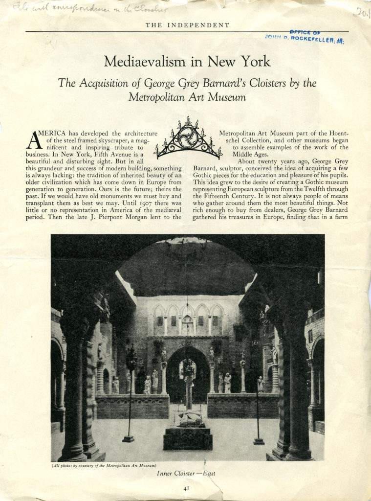 A page from a magazine article profiling the Met Cloisters acquisition of George Grey Barnard's collection. Title Reads "Medievalism in New York"