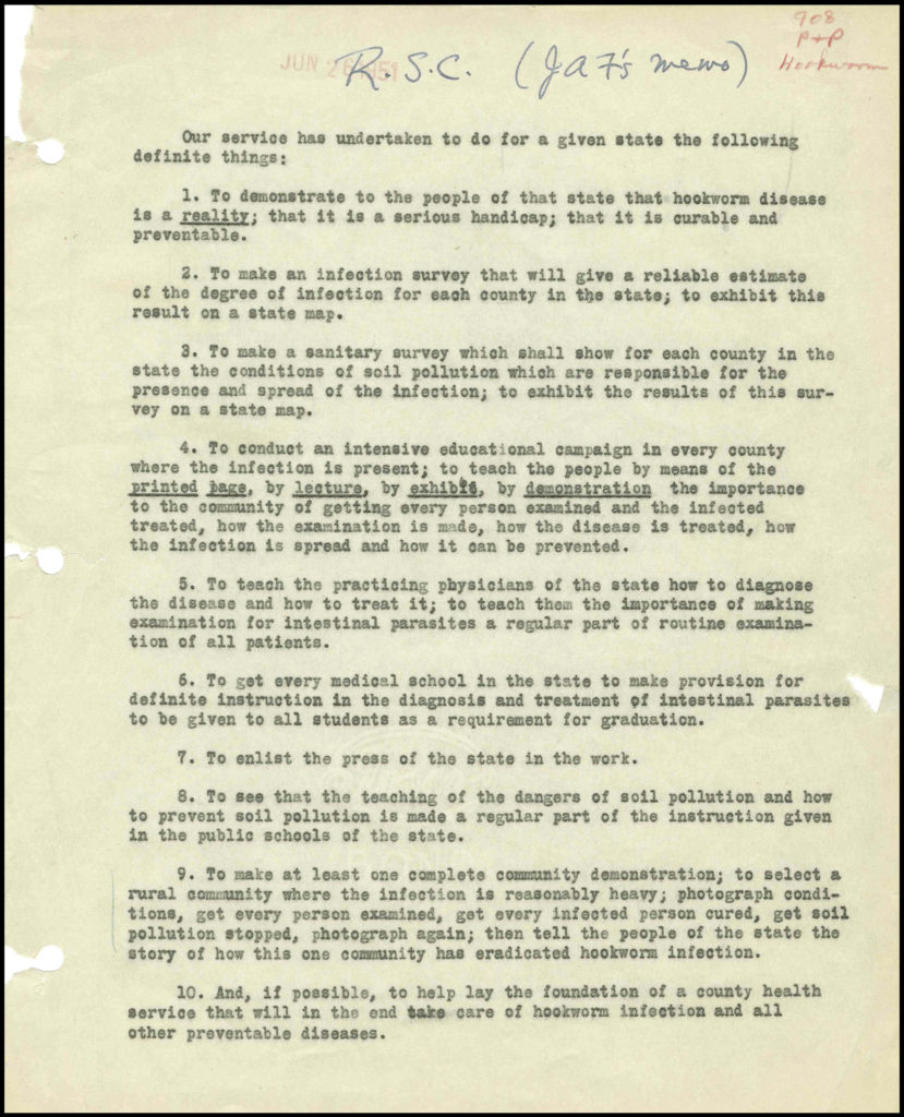 A typed memo listing ten points of public health for the campaign against hookworm disease.