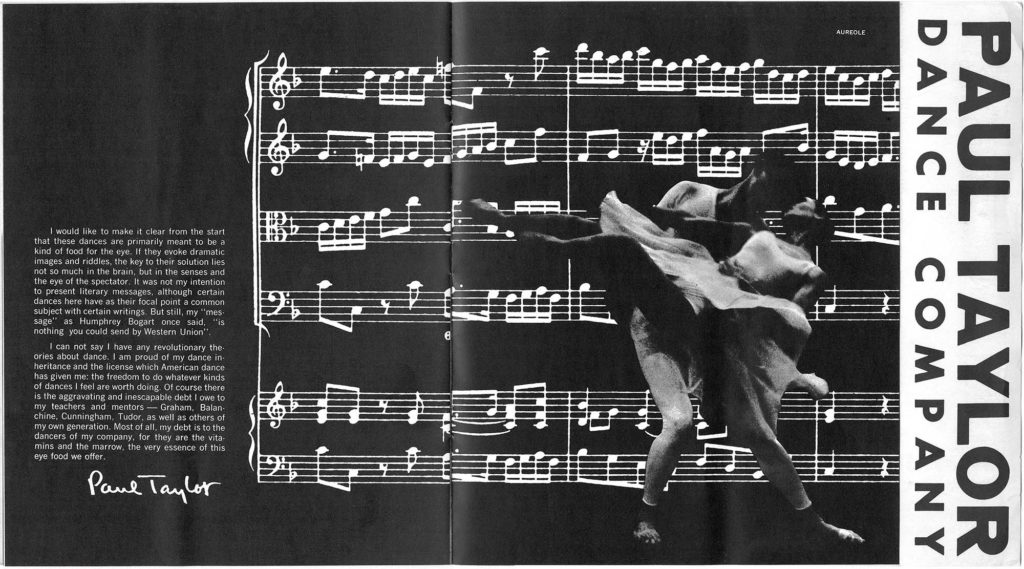 Photograph of a page from the printed program for a performance by the Paul Taylor Dance Company, showing two dancers and a music score.