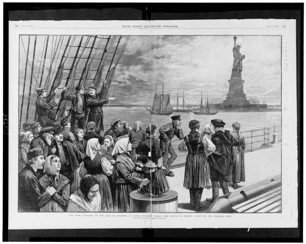 Black and white sketch of immigrants on an ocean steamer with the Statue of Liberty in New York in the background