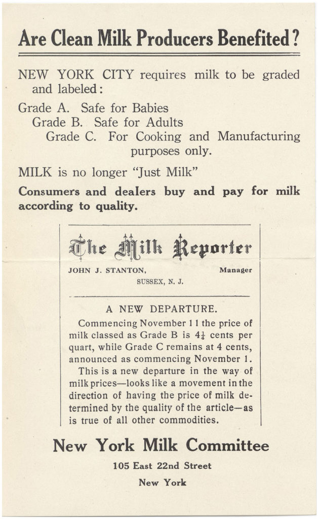 Leaflet reads "Are Clean Milk Producers Benefited? New York City requires milk to be graded and labeled: Grade A, Safe for Babies. Grade B, Safe for Adults. Grade C., For Cooking and Manufacturing purposes only. Milk is no longer "just milk" Consumers and dealers buy and pay for milk according to quality. New York Milk Committee, 105 East 22nd Street, New York.