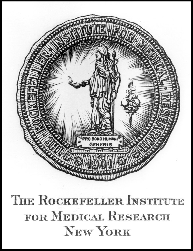 Institutional seal of the Rockefeller Institute for Medical Research in New York, circle with a figure in the middle bringing light