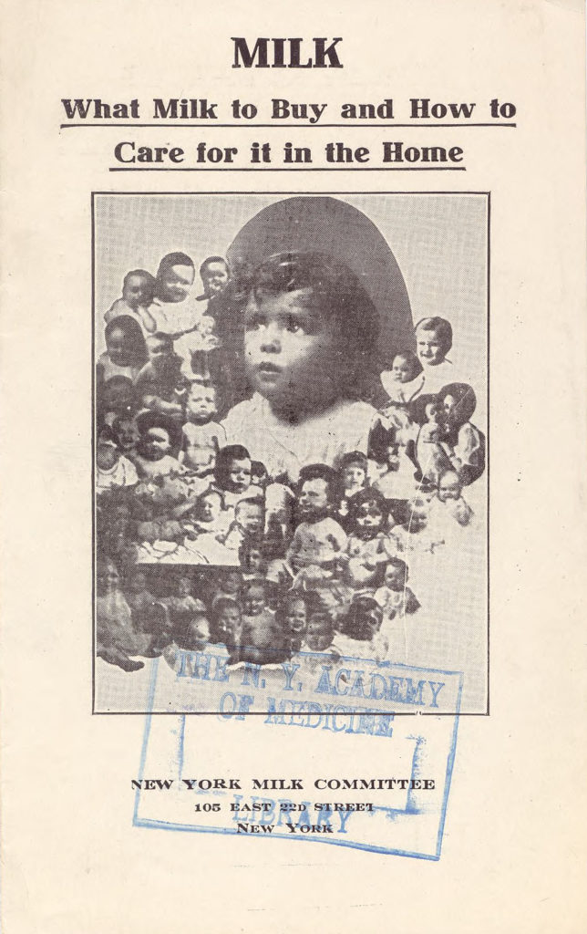 An educational circular with a photo of several infants, reading "Milk. What milk to buy and how to care for it in the home."