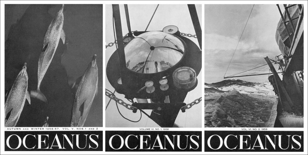 Three black and white covers of Oceanus, a journal dedicated to oceanography.