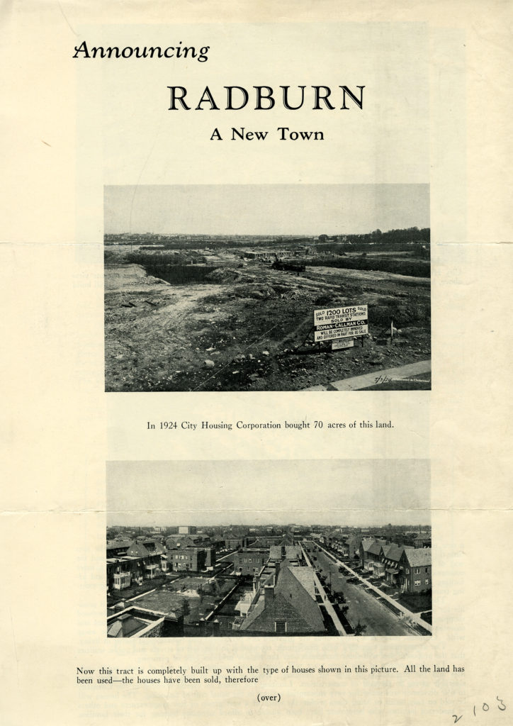 Advertisement of Radburn, New Jersey. It reads "Announcing Radburn, A New Town". Below are two photos, one captioned "In 1924 City Housing Corporation bought 70 acres of this land". The second photo is captioned "Now this tract is completely built up with the type of houses shown in this picture. All the land has been used - the houses have been sold, therefore"