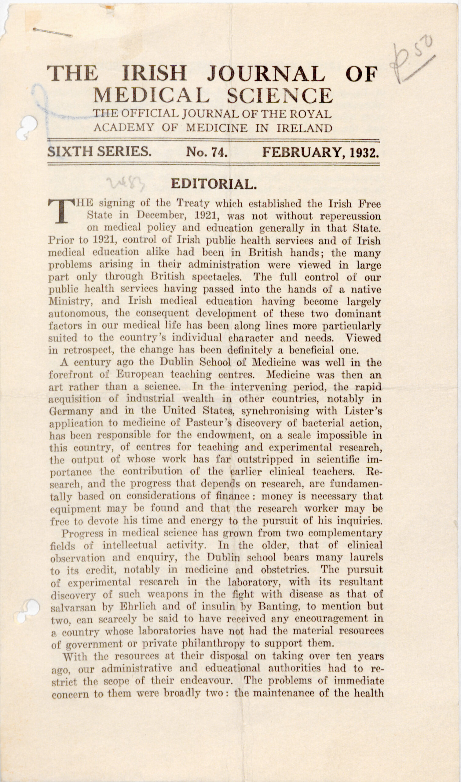 Series of documents from the Irish Journal of Medical Science. Page one of four.