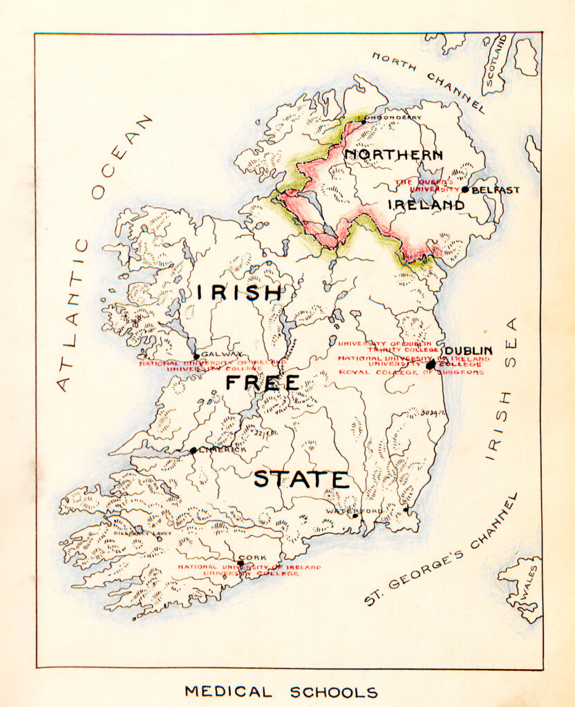 Map of Ireland showing medical schools in cities of Cork (National University of Ireland University College), Dublin (University of Dublin Trinity College, National University of Ireland University College, Royal College of Surgeons), Galway (National University of Ireland, University College), and medical schools in Belfast, Northern Ireland (The Queens University). Displays division between Northern Ireland and the Irish Free State. Includes neighboring countries, Wales and Scotland. Displays local bodies of water, St. Georges Channel, Irish Sea, Northern Channel and Atlantic Ocean.